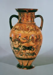 Ánfora ática de figuras negras decorada con animales, caballos y jinetes y animales fantásticos